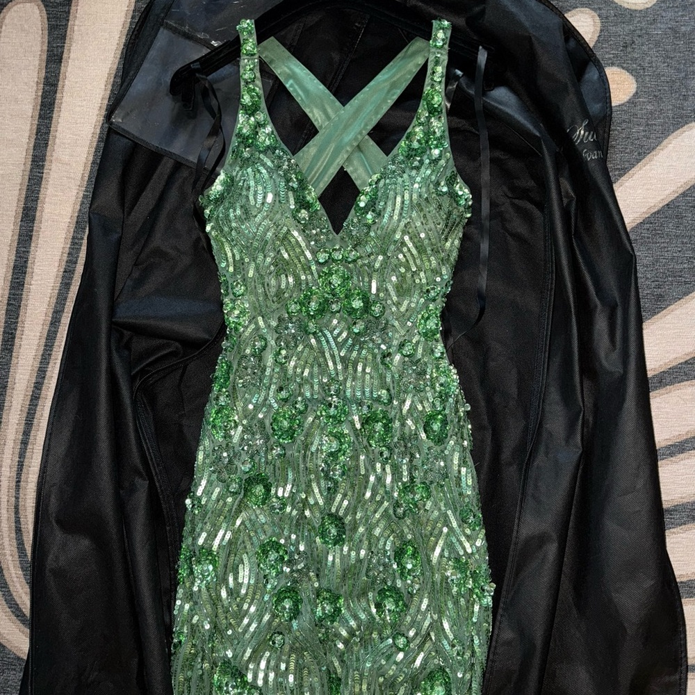 Primavera Couture Sparkling Green Backless Dress